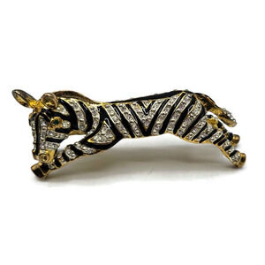 Joanna Buchanan Zebra Animal Gold Tone Brooch Pin Enameled Stripes Rhinestones